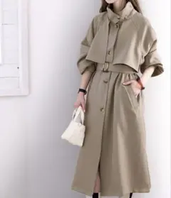 ベージュ ロングコート ウエストベルト付き