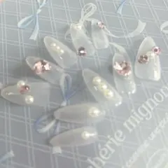 No.001｜うるちゅるピンクビジューネイルチップ　ワンホン　クリア　スナ系