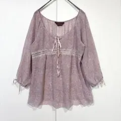 ペイズリー柄　花柄　L　七分袖ブラウス　リボン　レース　透け感　薄いピンク