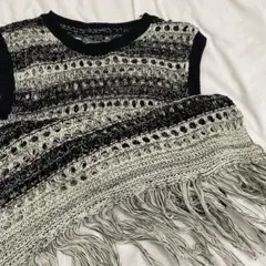 Y2K グランジ 編み ニットベスト フリンジ ボーダー