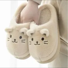 ふわもこ猫風スリッパSMサイズ室内外対応で暖かいリラックス用　ベージュ