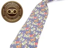【美品】Ferragamo フェラガモ ネクタイ シルク　総柄　紺
