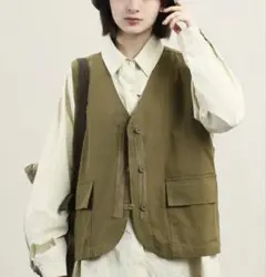 ベスト ジレ オリーブグリーン フリーサイズ 重ね着 ゆったり カジュアル