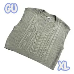 GU ケーブルニットベスト グレー XL クロップド丈 Vネック