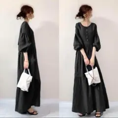 Ｌ ゆったり ロングワンピース ブラック 黒 シンプル オーバーサイズ