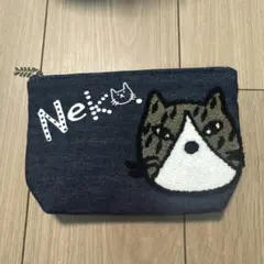 猫顔デニムポーチ 魚の骨チャーム付き