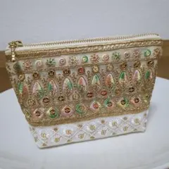 インド刺繍リボン　マチ付きポーチ