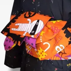 【セール！】半巾帯　オレンジハロウィン柄と黒ネコ柄紫地　兵児帯　浴衣帯　綿