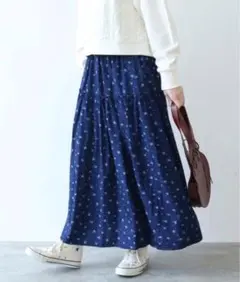 【定価2,8万】ビュルデサボン　インディゴフラワー抜染プリント　ギャザースカートのサムネイル