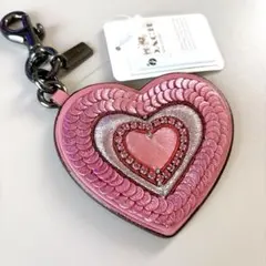 未使用 COACH ピンク ハート型 レザー バッグチャーム ビジュー付 y2k