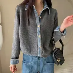 ニット シャツ デニム襟 ボタンニットカーディガン ダークグレー セーター