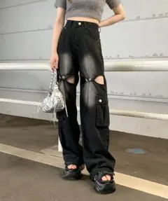 non-hedge カットワークカーゴデニムパンツ ブラックのサムネイル