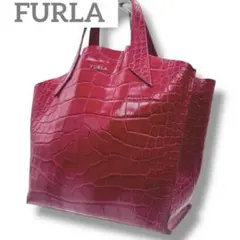 美品 フルラ トートバッグ クロコ調 型押し レッド レザー