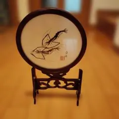白石 蝦図 卓上屏風 置物