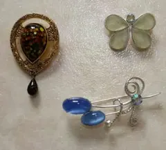 ブローチセット 3点 オパール風 蝶 青い石