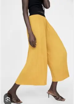 ZARAマスタード秋色プリーツワイドレッグガウチョパンツ美品エレガント