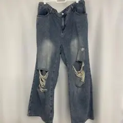 ダメージ加工 ワイドデニムパンツ　1XLのサムネイル