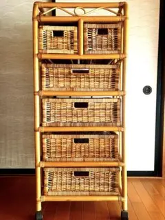 【レトロ家具】ラタン 籐製 5段収納ラック 約H120 W50cm アンティークのサムネイル