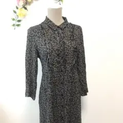 ZARA ザラ　シャツワンピース　ロング　七分袖　　　総柄　Lサイズ　黒