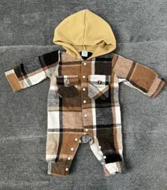 SHEIN ブラウン系チェック柄　フード付きロンパース　50-60cm