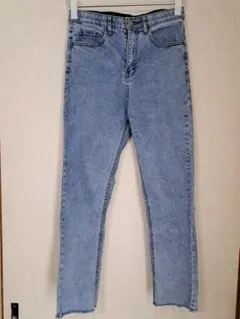 ライトブルー スキニーデニム フリンジ裾