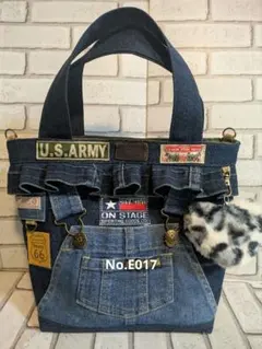 No.E017 デニムトートバッグ フリルバック　リメイクデニム　オーバーオール