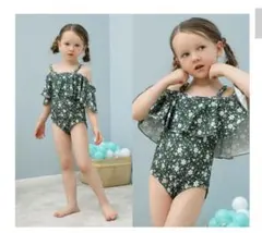 【新品未使用】花柄フリルワンピース水着　グリーン
