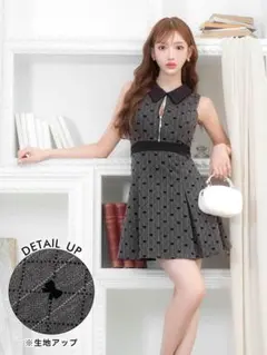 襟付きジャガードリボンフロントジップAラインミニドレス ハート柄 グレー