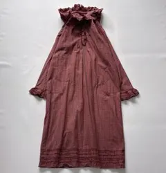 【人気】PINK HOUSE フリルチェック長袖ワンピース ロング丈 フード付