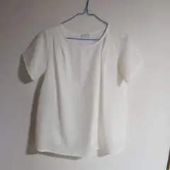 オフホワイト 半袖 ブラウス シフォン風 綿混の裏地付き