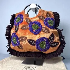 美品✨JAMIN PUECH ハンドバッグ ベロア 刺繍 オレンジ 花柄