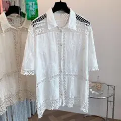 早い者勝ち おしゃれ 高級感 レース柄 透かし編み 切り替 ブラウス 綺麗め