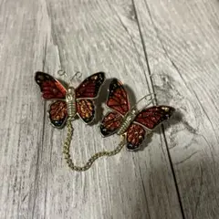3F ヴィンテージ 蝶々 ダブルブローチチェーン付 ステンドグラス レトロ 希少