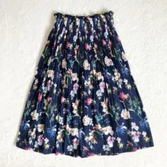 極美品 Face campana 花柄プリーツ フレア ロングスカート ネイビー