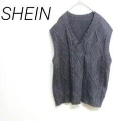 SHEIN ブラック　Vネック ニットベスト　M ケーブル編み　カジュアル
