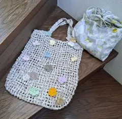『ハンドメイド』手編み ナチュラルカラーのお花の夏バッグ