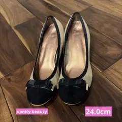 24.0cm vanity beautyリボン付きベージュ黒フラットパンプス