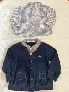 familiar ネイビー カーディガンとチェック柄シャツセット