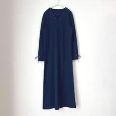 レースアップロングワンピース　カットソー　Vネック　L ブラック　黒　長袖