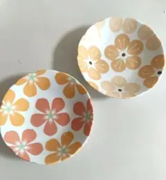 未使用　たち吉　中皿　中鉢　花柄　オレンジ　2点セット