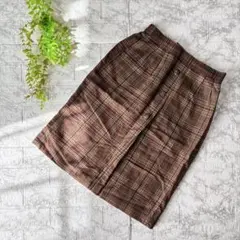 昭和レトロ チェック柄 タイトスカート ひざ丈 くるみボタン ブラウン ウール