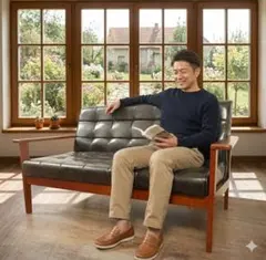 カリモク 風　 ソフトレザー アンティーク 調 モダン 二人掛けソファー