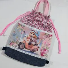 お着替え袋　体操服入れ　ネコ　パネル　ヒョウ柄　ハンドメイド　入園入学