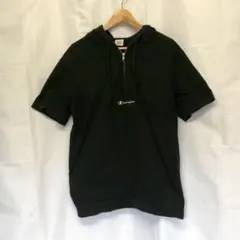 Champion 半袖パーカー XL 黒 ハーフジップ ワンポイント L1758