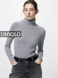 k0671 UNIQLO メリノリブタートルネックセーター グレー