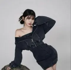 ダーリッチダークグレー オフショルダー ミニドレス