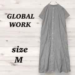 グローバルワーク（M）ロングシャツワンピース ストライプ フレンチスリーブ