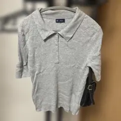 【Mサイズ】GAP 襟付き リブポロニット 5分袖 ライトグレー レディースのサムネイル