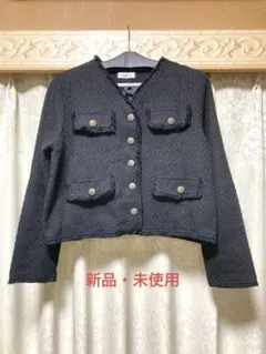 【新品・未使用】ツイードノーカラージャケット　ブラック　金ボタン　Lサイズ