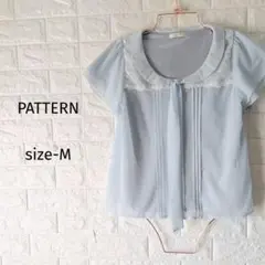​【PATTERN】上品シフォン×レース ボウタイ付きブラウス 水色 Mサイズ